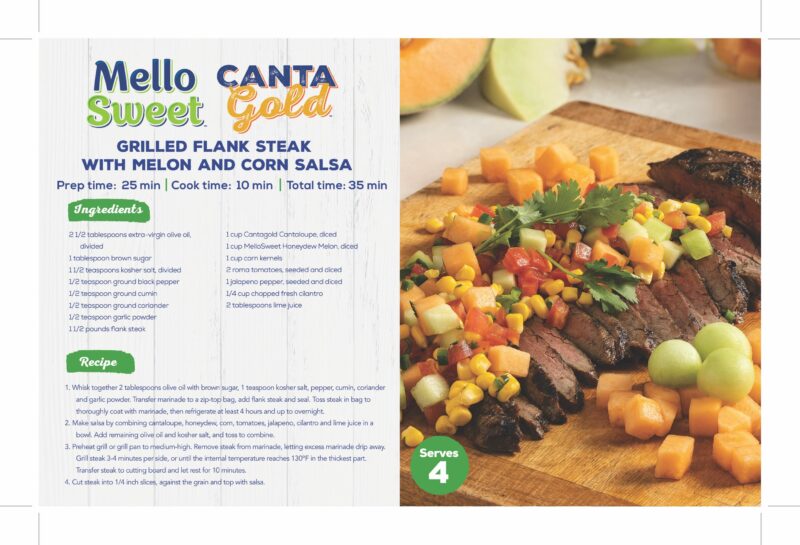 CantaGoldMellow_ShelfTalker_Grilled Flank Steak with Melon and Corn Salsa