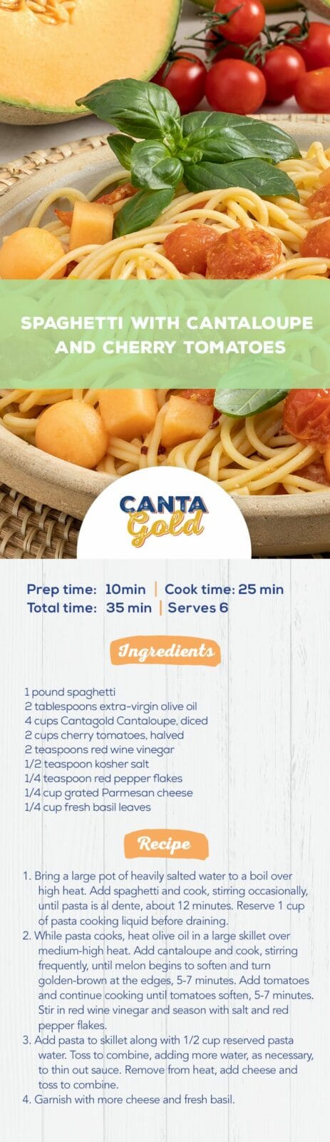 CantaGold_PinterestPinPinterest_Spaghetti with Sautéed Cantaloupe and Cherry Tomatoes