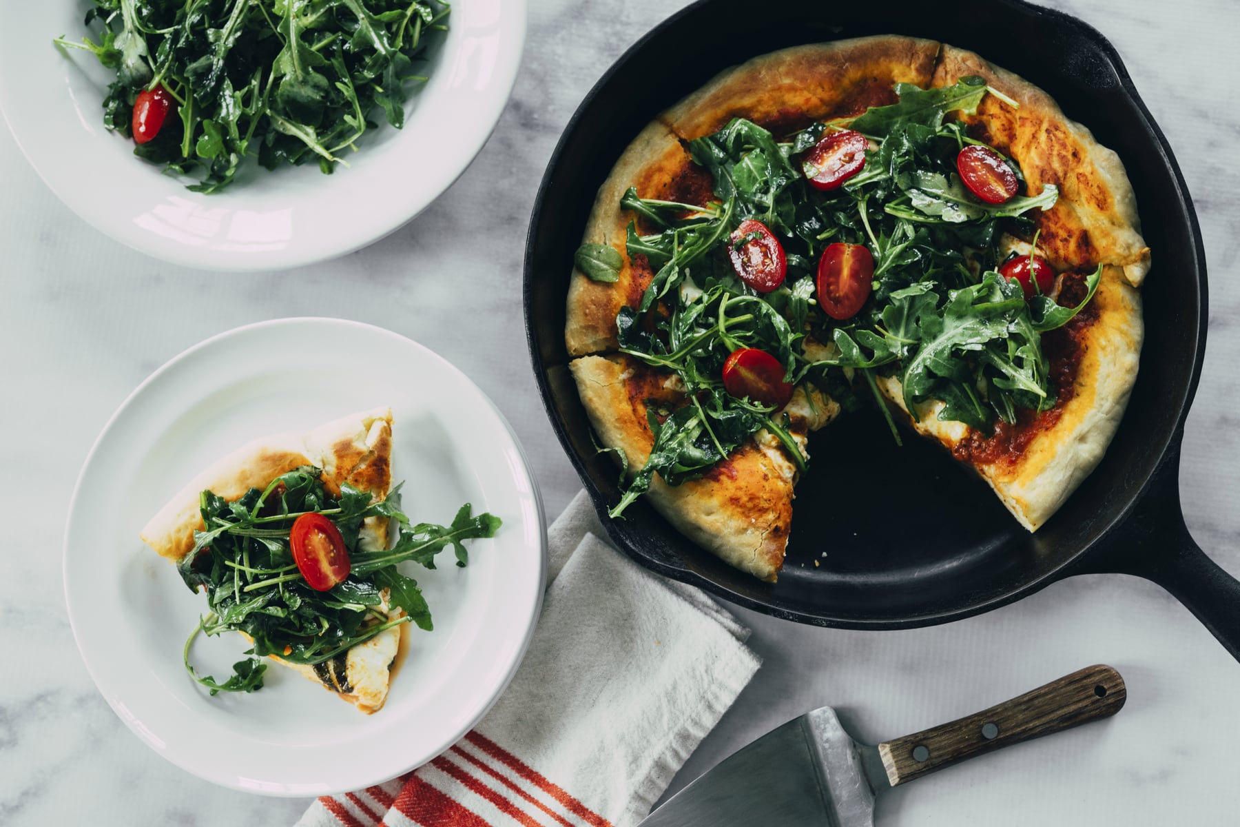 Cast Iron Tomato Basil Pizza with Arugula Salad HERO