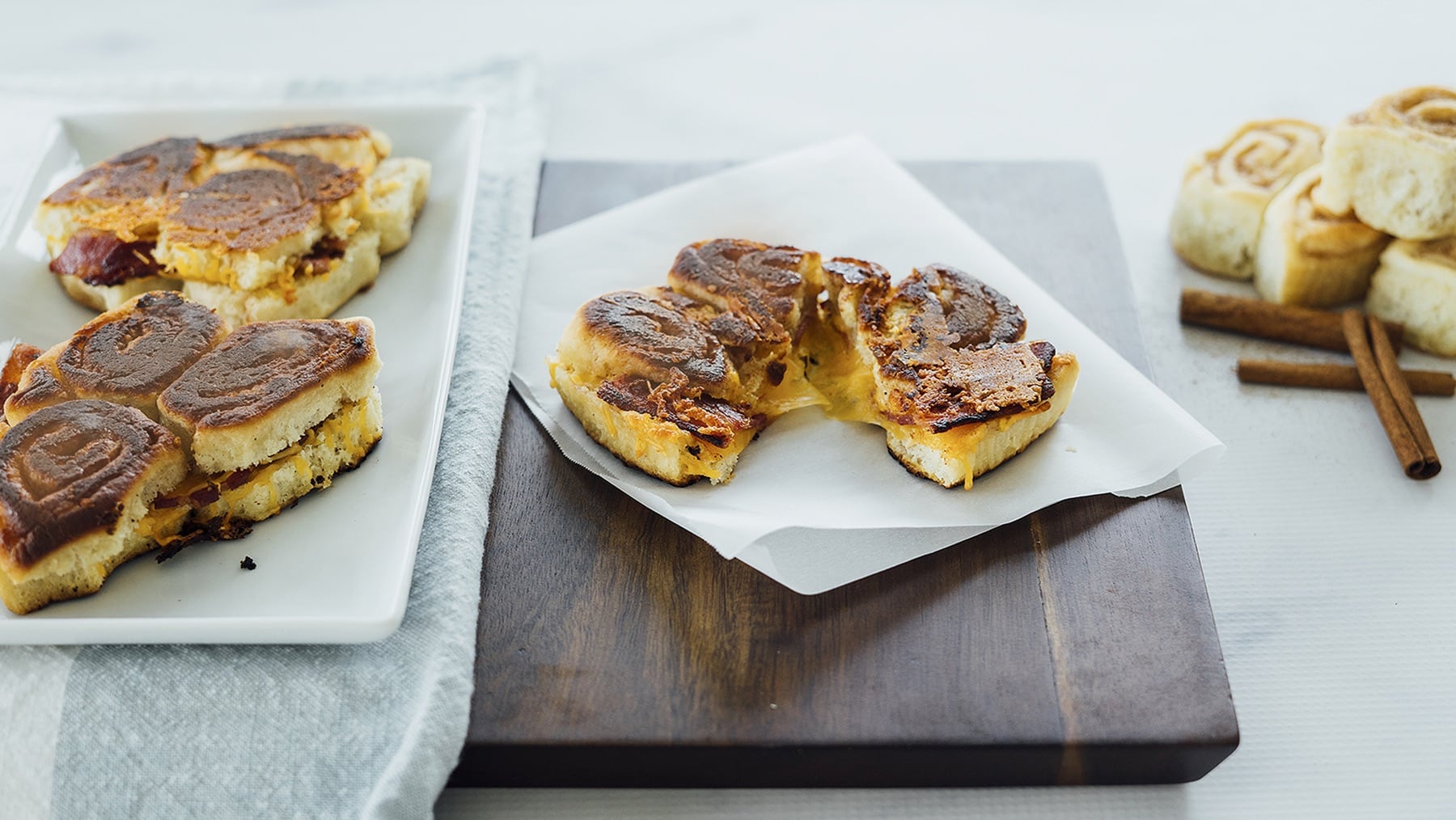 Cheddar Bacon Cinnamon Roll Grilled Cheese HERO