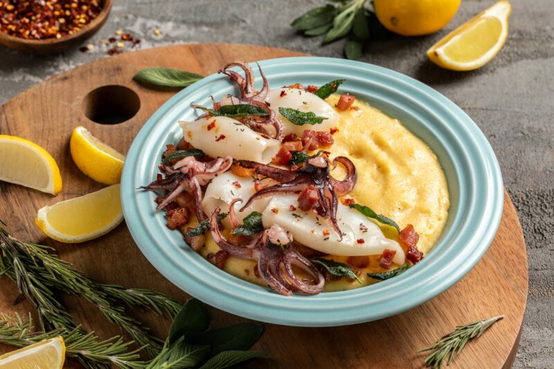 P02-B_ROSEMARY AND PANCETTA CALAMARI WITH PARMESAN POLENTA