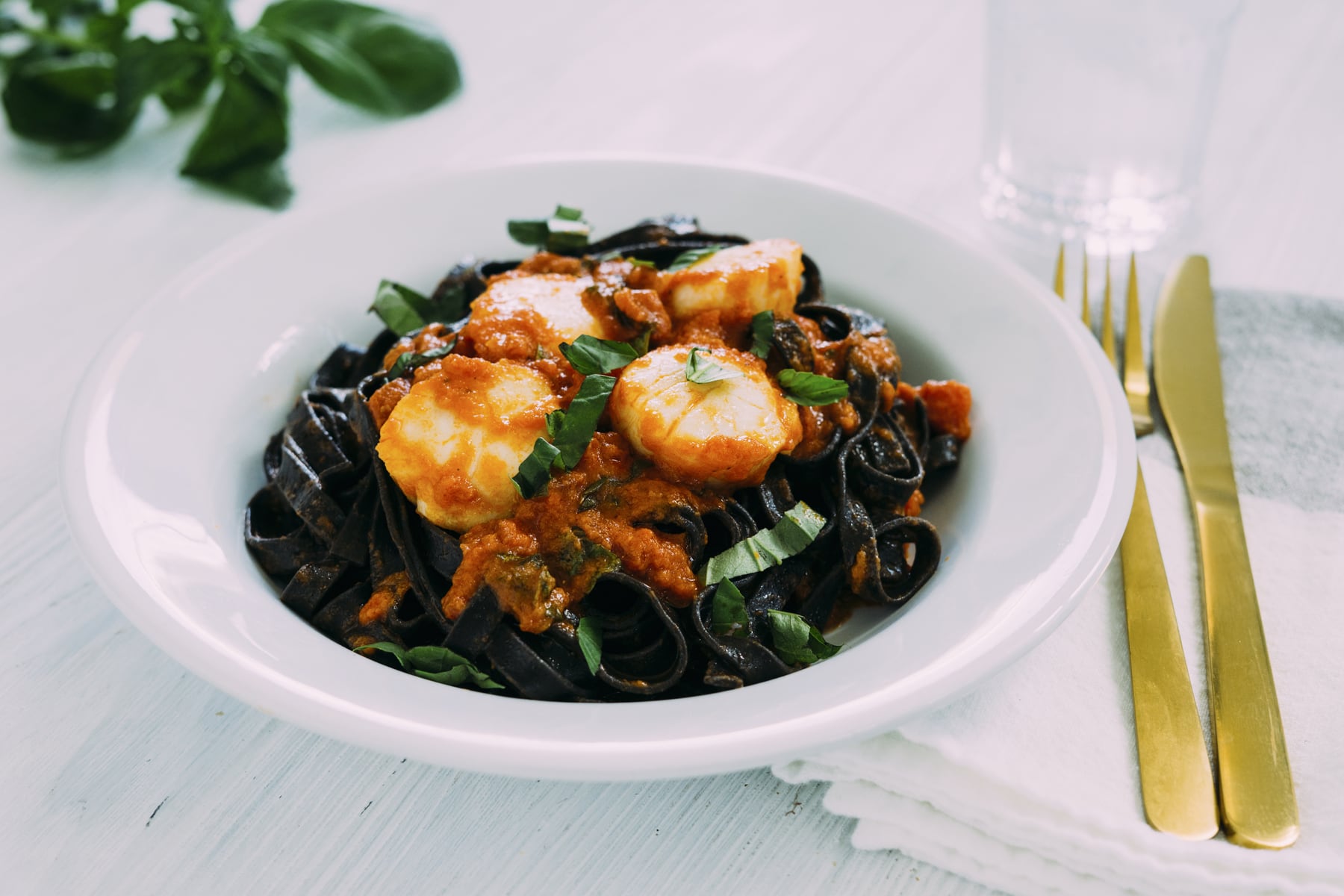 Roasted Scallop, Tomato Basil, Squid Ink Linguine HERO