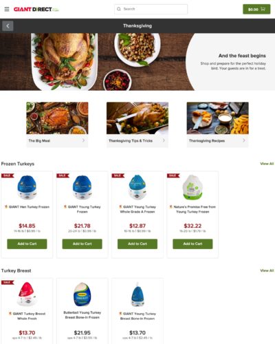 Photo showing food and drink content along with related products in Giant Direct online store.