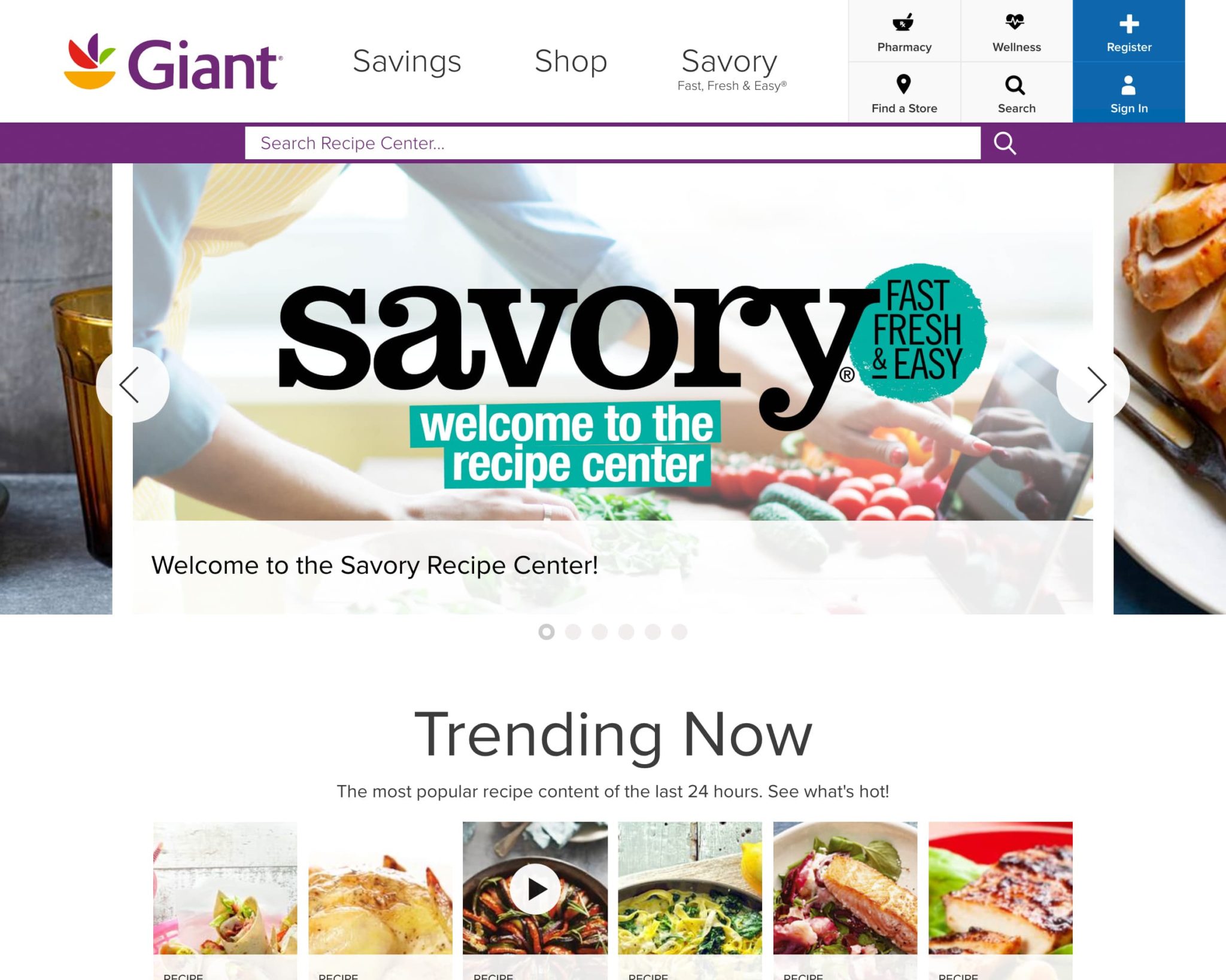 Screenshot of Savory Recipe Center home page.