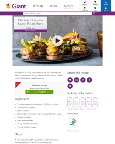 Screenshot of a sample recipe from the Savory Recipe Center: Chicken Sliders on Sweet Potato Buns