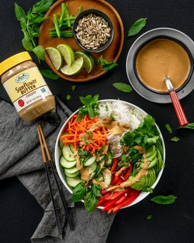 Grocery products and spring roll bowl recipe.